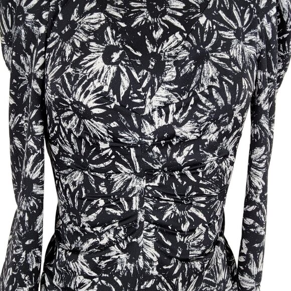 TopShop Ruched Mini Dress Sz 2 Black White Back Zip 3/4 Sleeve Monochrome DaisyX - Picture 3 of 12